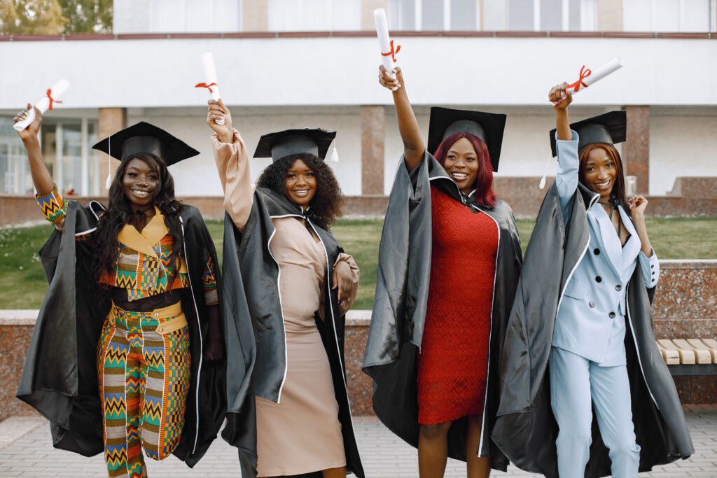 Group Young Afro American Female Student Dressed Black Graduation Gown Campus As Background 1024x683